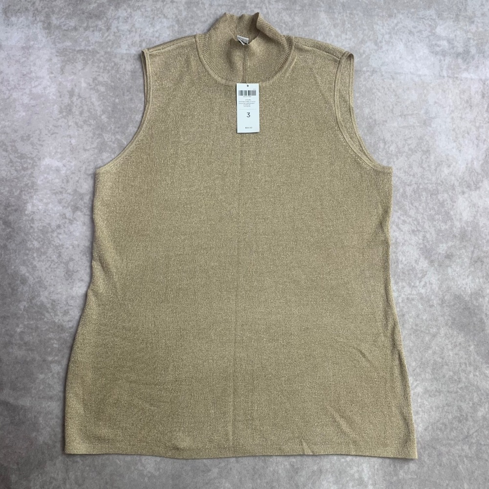 Chicos Shimmer Isabelle Mock Sweater Sleeveless Stardust Gold Metallic Top Sz 3